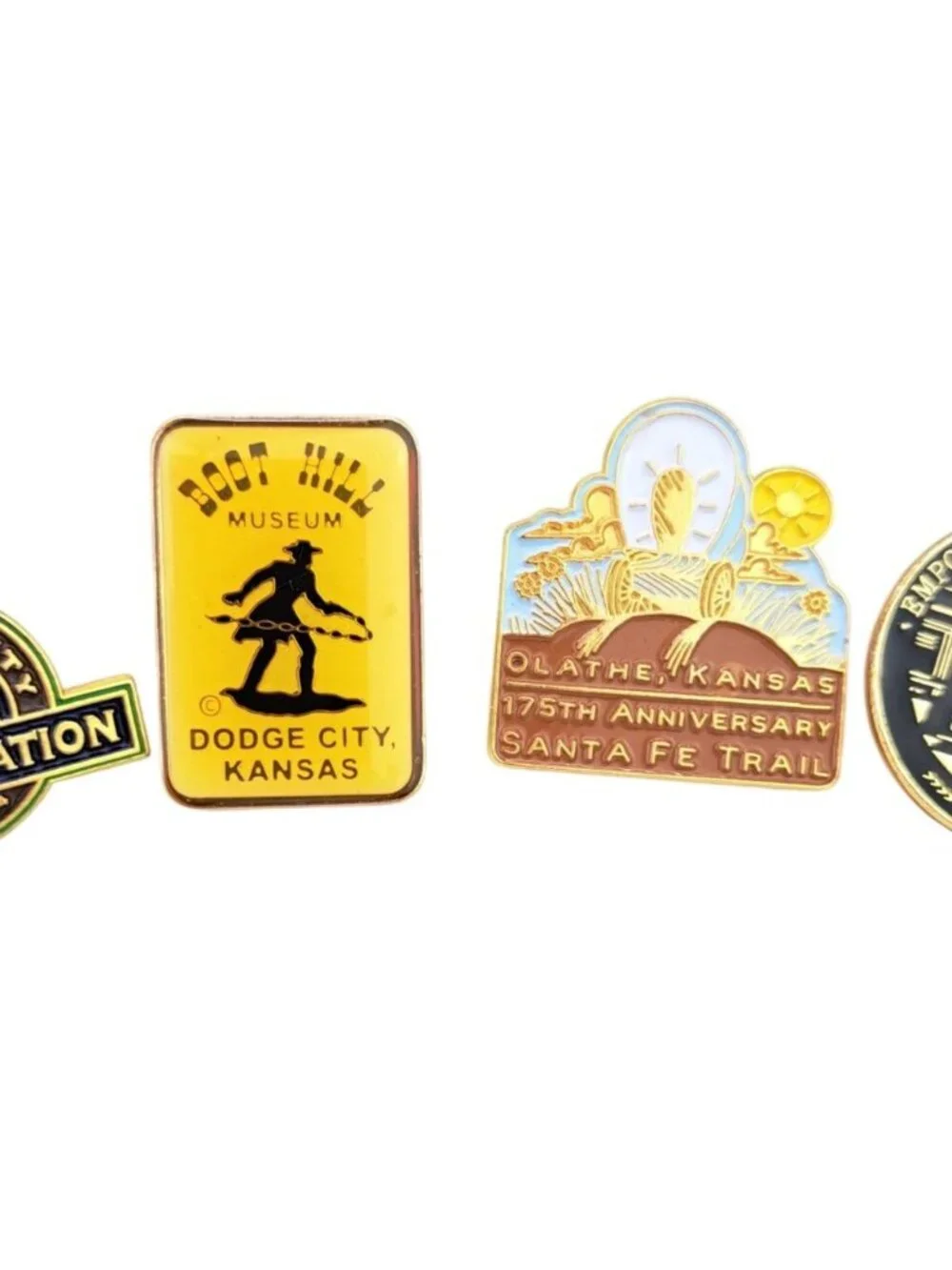 4 Vintage Kansas Souvenir Lapel Pins Union Station Boot Hill Santa Fe Emporia